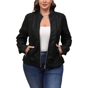Bellivera Faux Leather Women Motorcycle Stand Collar Jacket(Black)