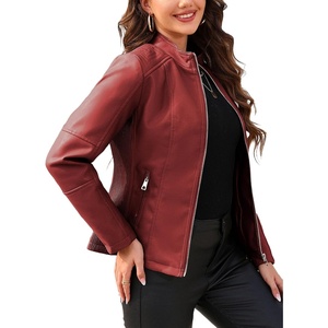 Bellivera Faux Leather Women Motorcycle Stand Collar Jacket(Coal Red)