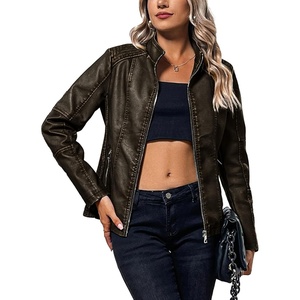 Bellivera Faux Leather Women Motorcycle Stand Collar Jacket(Coffee Retro)