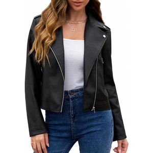 Bluetime Women’s Faux Leather Jacket Cropped Moto Biker Zip Up Coat(Black)