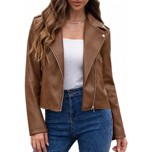 Bluetime Women’s Faux Leather Jacket Cropped Moto Biker Zip Up Coat(Brown)