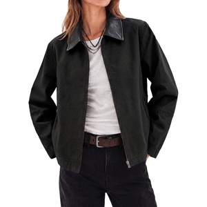 Cicy Bell Women Barn Jacket Zip Up Cotton Canvas Oversized Lightweight Coat(Black)
