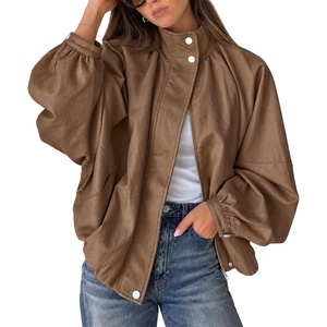 Cicy Bell Womens Faux Leather Jackets Bomber Long Sleeve Zipper Fall Coats(Brown)