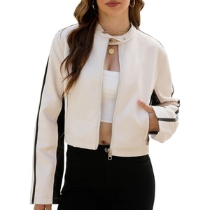 Cropped Faux Leather Jacket Women Biker Motorcycle Bomber Leather Jacket(Beige)