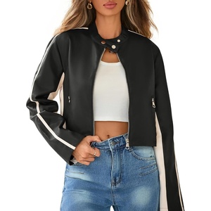Cropped Faux Leather Jacket Women Biker Motorcycle Bomber Leather Jacket(Black)