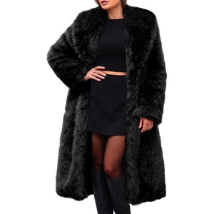 ELLEVEN Long Faux Fur Coats for Women, Open Front Jackets with Pockets(Black)