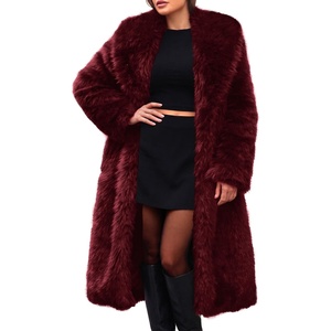 ELLEVEN Long Faux Fur Coats for Women, Open Front Jackets with Pockets(Burgundy)