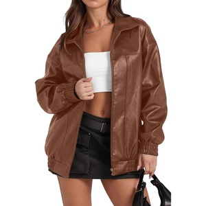 Faux Leather Jacket Women Oversized Casual Zip Up Jacket Motorcycle Bomber Jacket Coat Trendy Fall Winter Clothes(Brown)