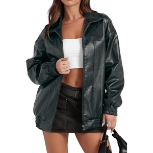 Faux Leather Jacket Women Oversized Casual Zip Up Jacket Motorcycle Bomber Jacket Coat Trendy Fall Winter Clothes(Dark Green)