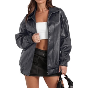Faux Leather Jacket Women Oversized Casual Zip Up Jacket Motorcycle Bomber Jacket Coat Trendy Fall Winter Clothes(Grey)