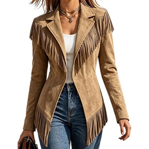 Fringe Jacket Women Faux Suede Leather Jackets Open Front Tassel Coat(Khaki)