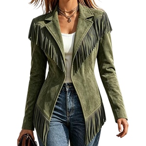 Fringe Jackets for Women Faux Suede Tassel Coats Fitted Cowgirl Blazer(Army Green)