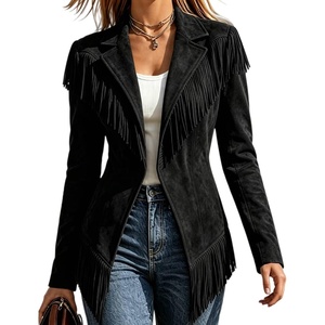 Fringe Jackets for Women Faux Suede Tassel Coats Fitted Cowgirl Blazer(Black)