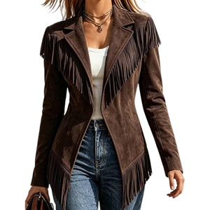 Fringe Jackets for Women Faux Suede Tassel Coats Fitted Cowgirl Blazer(Coffee)