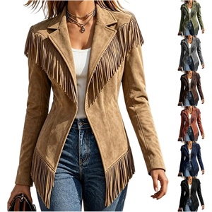 Fringe Jackets for Women Faux Suede Tassel Coats Fitted Cowgirl Blazer(Khaki)