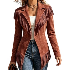 Fringe Jackets for Women Faux Suede Tassel Coats Fitted Cowgirl Blazer(Wine Red)