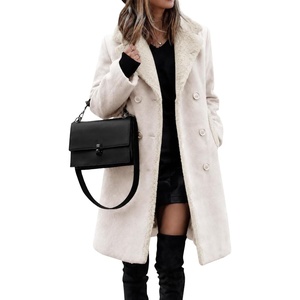 Fur Collar Wool Coats for Women Double Breasted Long Peacoat Jackets(Beige)
