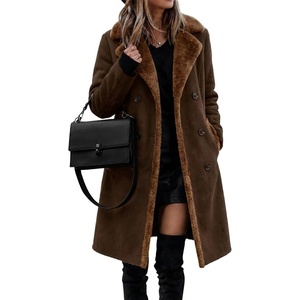 Fur Collar Wool Coats for Women Double Breasted Long Peacoat Jackets(Brown)