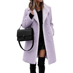 Fur Collar Wool Coats for Women Double Breasted Long Peacoat Jackets(Lavender)