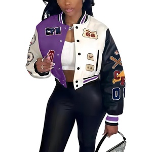 Glitrandi Varsity Jacket Women with Patches Print Cropped Bomber Leather Jacket Women 2025 S-XXL(A-purple)