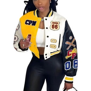 Glitrandi Varsity Jacket Women with Patches Print Cropped Bomber Leather Jacket Women 2025 S-XXL(A-yellow)
