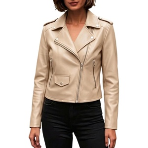 JiXiang Faux Leather Jacket Women Lapel Collared Fashion Vintage Coat Zipper Closure Cropped Biker Motorcycle Jackets Outwear(1-beige)