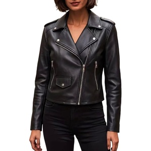 JiXiang Faux Leather Jacket Women Lapel Collared Fashion Vintage Coat Zipper Closure Cropped Biker Motorcycle Jackets Outwear(1-black)