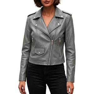 JiXiang Faux Leather Jacket Women Lapel Collared Fashion Vintage Coat Zipper Closure Cropped Biker Motorcycle Jackets Outwear(1-grey)
