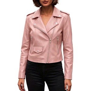 JiXiang Faux Leather Jacket Women Lapel Collared Fashion Vintage Coat Zipper Closure Cropped Biker Motorcycle Jackets Outwear(1-light Pink)