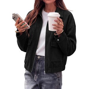 KIRUNDO Womens Faux Suede Bomber Jacket Zip Up Cropped Fall Coats(Black)