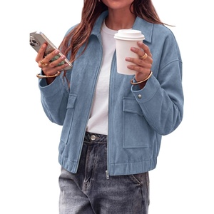 KIRUNDO Womens Faux Suede Bomber Jacket Zip Up Cropped Fall Coats(Blue Grey)