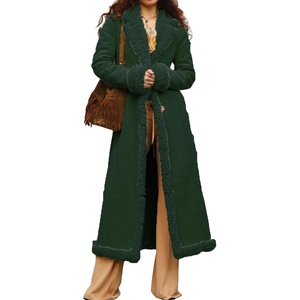 Kubbon Womens Long Trench Coat Suede Leather Shearing Jacket Lapel Overcoat(Army Green)