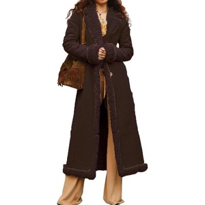 Kubbon Womens Long Trench Coat Suede Leather Shearing Jacket Lapel Overcoat(Coffee)
