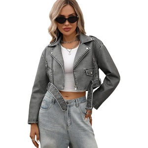 LY VAREY LIN Women Faux Leather Cropped Jacket Bomber Aviator Motor Biker Coat with Belt(903grey)