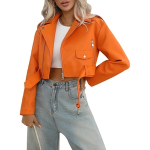 LY VAREY LIN Women Faux Leather Cropped Jacket Bomber Aviator Motor Biker Coat with Belt(903orange)