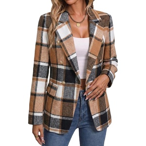 Mina Self 2026 Women’s Fall Tweed Blazer Plaid Jacket Business Casual Coat(Khaki-brown/Flannel)