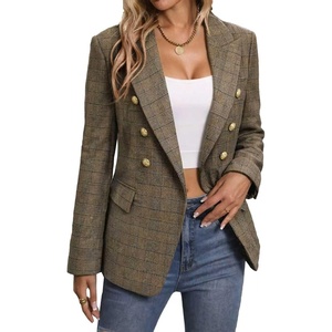 Mina Self 2026 Women’s Fall Tweed Blazer Plaid Jacket Business Casual Coat(Plaid/Khaki)