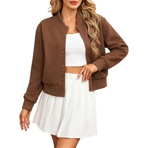 Moreone Womens Faux Suede Cropped Varsity Bomber Jacket Button Front Casual(Brown)