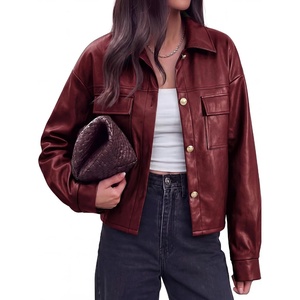 PRETTYGADEN Women’s Button Down Faux Leather Jacket(Burgundy)