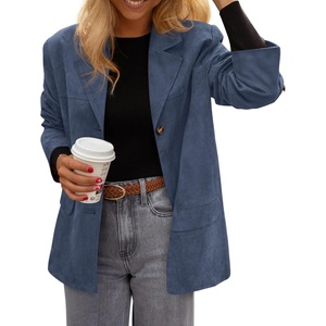 PRETTYGARDEN Blazers for Women Western Fall Faux Suede Jacket(Grey Blue)