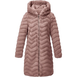 RISISSIDA Women Long Faux Fur Coat,Hooded Fleece Jacket(Brown Pink-wave Texture)
