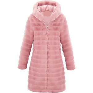 RISISSIDA Women Long Faux Fur Coat,Hooded Fleece Jacket(Dark Pink-horizontal Texture)