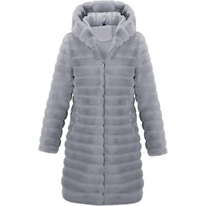 RISISSIDA Women Long Faux Fur Coat,Hooded Fleece Jacket(Gray-horizontal Texture)