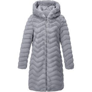 RISISSIDA Women Long Faux Fur Coat,Hooded Fleece Jacket(Gray-wave Texture)