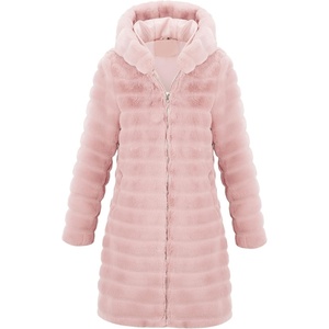 RISISSIDA Women Long Faux Fur Coat,Hooded Fleece Jacket(Light Pink-horizontal Texture)