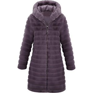 RISISSIDA Women Long Faux Fur Coat,Hooded Fleece Jacket(Purple-horizontal Texture)