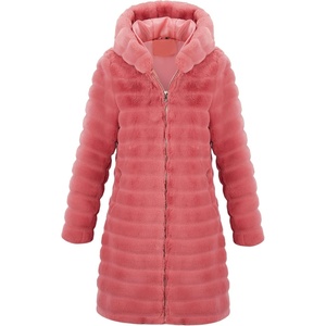 RISISSIDA Women Long Faux Fur Coat,Hooded Fleece Jacket(Red-horizontal Texture)