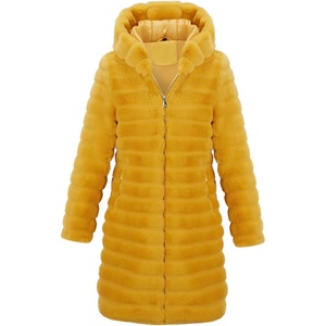 RISISSIDA Women Long Faux Fur Coat,Hooded Fleece Jacket(Yellow-horizontal Texture)