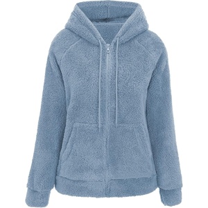 RISISSIDA Women Sherpa Faux Fur Jacket Hooded,Fleece Soft Hoodie(Blue)