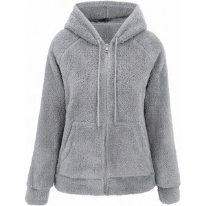 RISISSIDA Women Sherpa Faux Fur Jacket Hooded,Fleece Soft Hoodie(Grey)